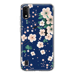 Samsung Galaxy A01 Kawaii Japanese Pink Cherry Blossom Navy Blue Hybrid Protective Phone Case Cover