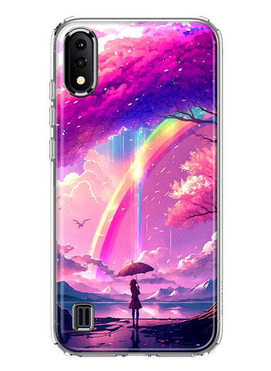 Samsung Galaxy A01 Kawaii Manga Pink Cherry Blossom Japanese Rainbow Girl Hybrid Protective Phone Case Cover
