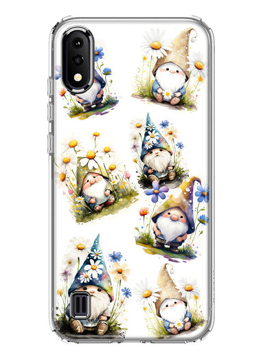 Samsung Galaxy A01 Cute White Blue Daisies Gnomes Hybrid Protective Phone Case Cover