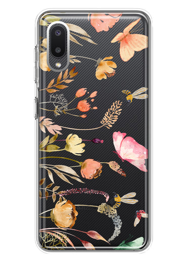 Samsung Galaxy A02 Peach Meadow Wildflowers Butterflies Bees Watercolor Floral Hybrid Protective Phone Case Cover