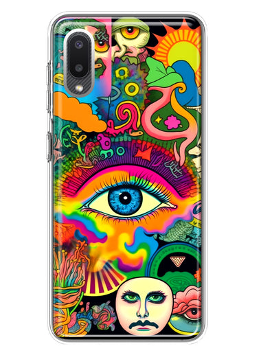 Samsung Galaxy A02 Neon Rainbow Psychedelic Trippy Hippie Multiple Eyes Hybrid Protective Phone Case Cover