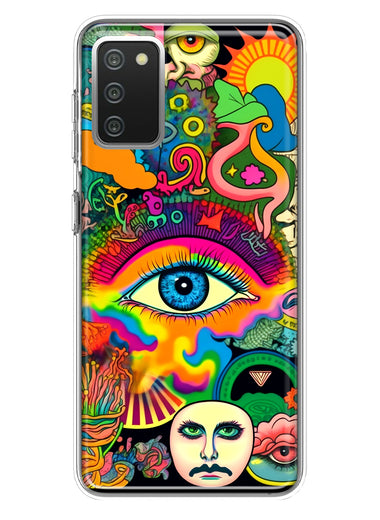 Samsung Galaxy A02S Neon Rainbow Psychedelic Trippy Hippie Multiple Eyes Hybrid Protective Phone Case Cover
