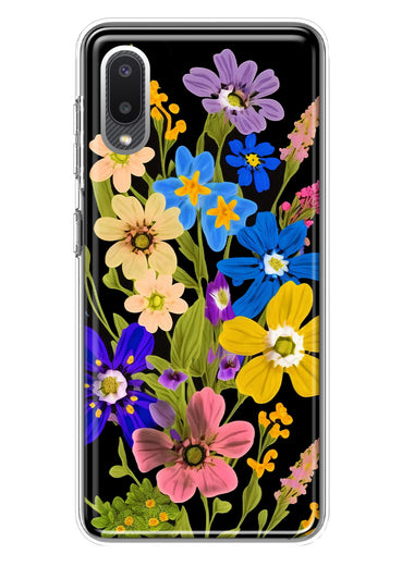 Samsung Galaxy A02 Blue Yellow Vintage Spring Wild Flowers Floral Hybrid Protective Phone Case Cover