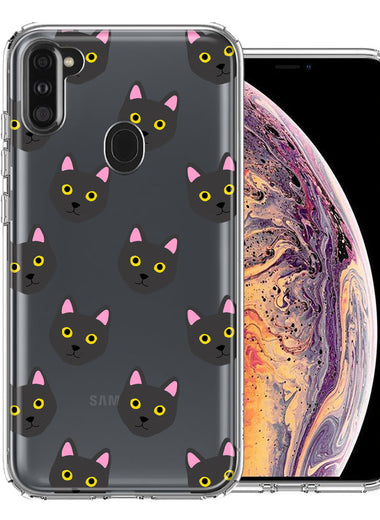 Samsung Galaxy A11 Black Cat Polkadots Design Double Layer Phone Case Cover
