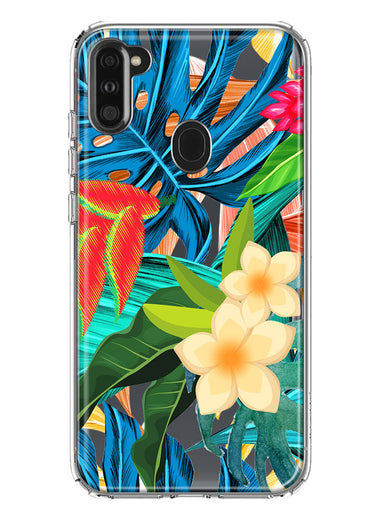 Samsung Galaxy A11 Blue Monstera Pothos Tropical Floral Summer Flowers Hybrid Protective Phone Case Cover