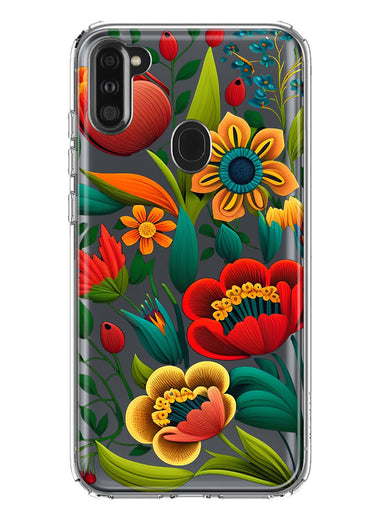 Samsung Galaxy A11 Colorful Red Orange Folk Style Floral Vibrant Spring Flowers Hybrid Protective Phone Case Cover