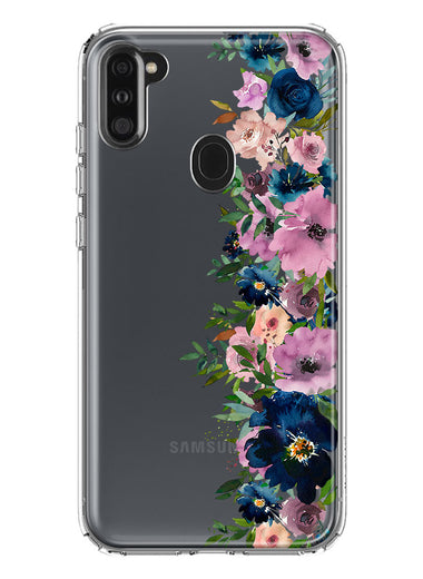 Samsung Galaxy A11 Navy Blue Summer Watercolor Floral Classic Purple Flowers Hybrid Protective Phone Case Cover