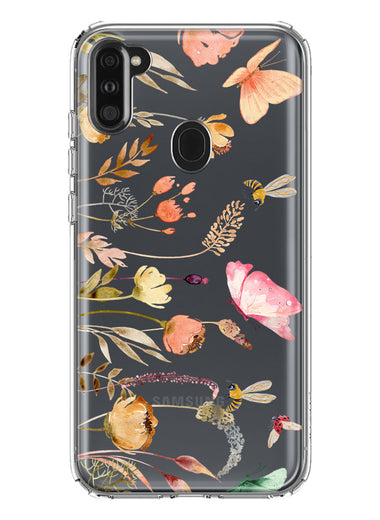 Samsung Galaxy A11 Peach Meadow Wildflowers Butterflies Bees Watercolor Floral Hybrid Protective Phone Case Cover