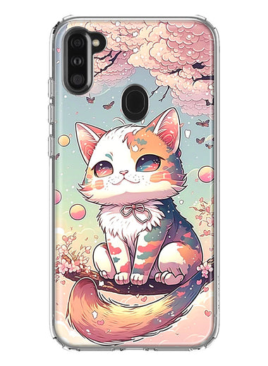 Samsung Galaxy A11 Kawaii Manga Pink Cherry Blossom Cute Cat Hybrid Protective Phone Case Cover