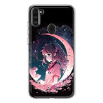 Samsung Galaxy A11 Kawaii Manga Pink Cherry Blossom Dreaming Moon Girl Hybrid Protective Phone Case Cover