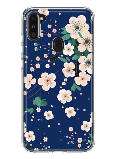 Samsung Galaxy A11 Kawaii Japanese Pink Cherry Blossom Navy Blue Hybrid Protective Phone Case Cover