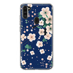 Samsung Galaxy A11 Kawaii Japanese Pink Cherry Blossom Navy Blue Hybrid Protective Phone Case Cover