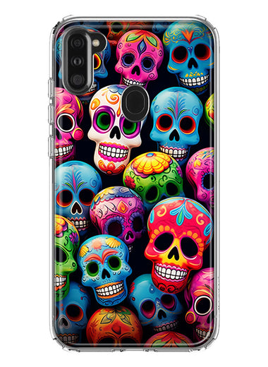 Samsung Galaxy A11 Halloween Spooky Colorful Day of the Dead Skulls Hybrid Protective Phone Case Cover