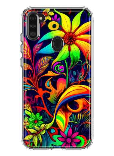 Samsung Galaxy A11 Neon Rainbow Psychedelic Trippy Hippie Daisy Flowers Hybrid Protective Phone Case Cover