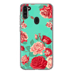 Samsung Galaxy A11 Turquoise Teal Vintage Pastel Pink Red Roses Double Layer Phone Case Cover