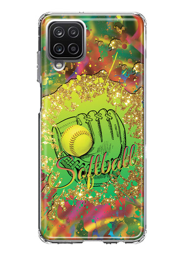Samsung Galaxy A12 Love Softball Girls Glove Green Tie Dye Swirl Paint Hybrid Protective Phone Case Cover