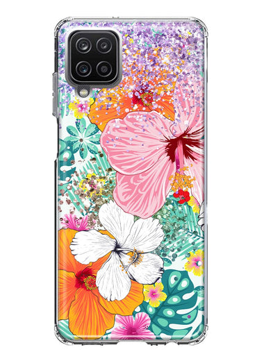 Samsung Galaxy A12 Hawaiian Vibes Hibiscus Flowers Monstera Vacation Summer Hybrid Protective Phone Case Cover