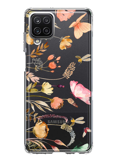 Samsung Galaxy A12 Peach Meadow Wildflowers Butterflies Bees Watercolor Floral Hybrid Protective Phone Case Cover