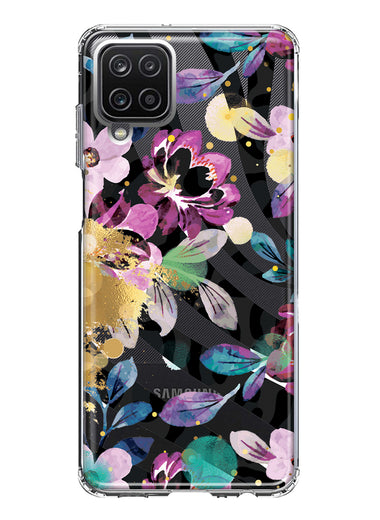 Samsung Galaxy A12 Zebra Stripes Tropical Flowers Purple Blue Summer Vibes Hybrid Protective Phone Case Cover