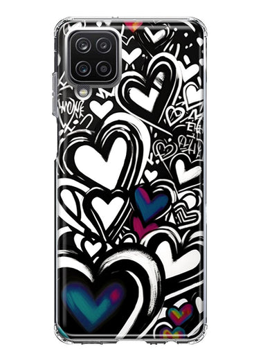 Samsung Galaxy A12 Black White Hearts Love Graffiti Hybrid Protective Phone Case Cover