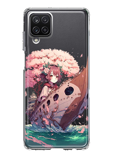 Samsung Galaxy A12 Kawaii Manga Pink Cherry Blossom Japanese Girl Boat Hybrid Protective Phone Case Cover