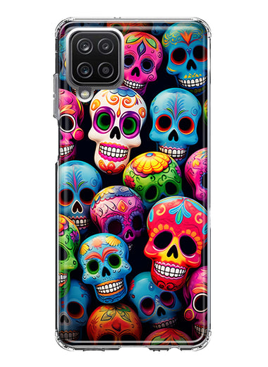 Samsung Galaxy A12 Halloween Spooky Colorful Day of the Dead Skulls Hybrid Protective Phone Case Cover