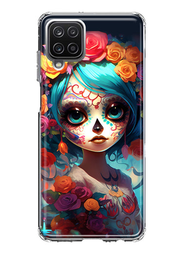 Samsung Galaxy A12 Halloween Spooky Colorful Day of the Dead Skull Girl Hybrid Protective Phone Case Cover