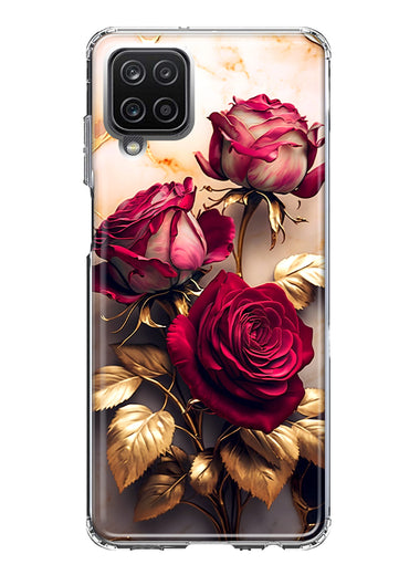 Samsung Galaxy A12 Romantic Elegant Gold Marble Red Roses Double Layer Phone Case Cover