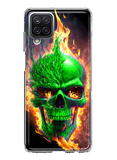 Samsung Galaxy A12 Green Flaming Skull Burning Fire Double Layer Phone Case Cover