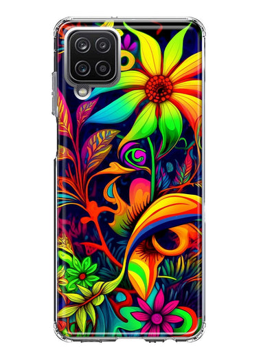 Samsung Galaxy A22 5G Neon Rainbow Psychedelic Trippy Hippie Daisy Flowers Hybrid Protective Phone Case Cover