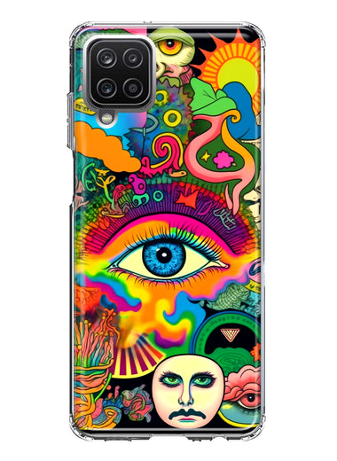 Samsung Galaxy A12 Neon Rainbow Psychedelic Trippy Hippie Multiple Eyes Hybrid Protective Phone Case Cover
