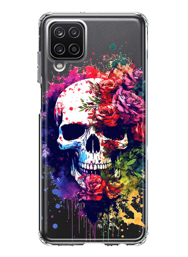Samsung Galaxy A12 Fantasy Skull Red Purple Roses Hybrid Protective Phone Case Cover