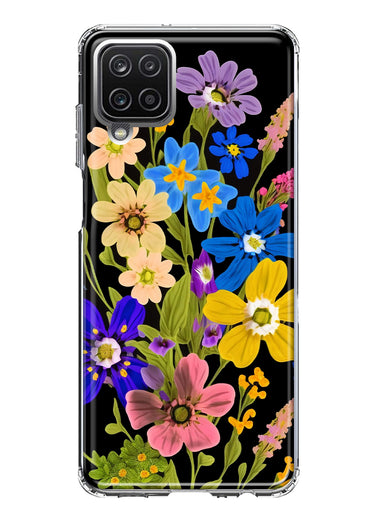 Samsung Galaxy A12 Blue Yellow Vintage Spring Wild Flowers Floral Hybrid Protective Phone Case Cover