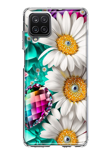 Samsung Galaxy A12 Colorful Crystal White Daisies Rainbow Gems Teal Double Layer Phone Case Cover