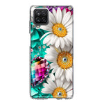 Samsung Galaxy A22 5G Colorful Crystal White Daisies Rainbow Gems Teal Double Layer Phone Case Cover
