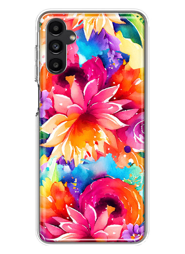 Samsung Galaxy A14 Watercolor Paint Summer Rainbow Flowers Bouquet Bloom Floral Hybrid Protective Phone Case Cover