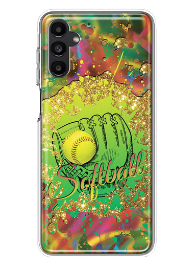 Samsung Galaxy A14 Love Softball Girls Glove Green Tie Dye Swirl Paint Hybrid Protective Phone Case Cover