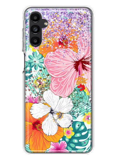 Samsung Galaxy A14 Hawaiian Vibes Hibiscus Flowers Monstera Vacation Summer Hybrid Protective Phone Case Cover