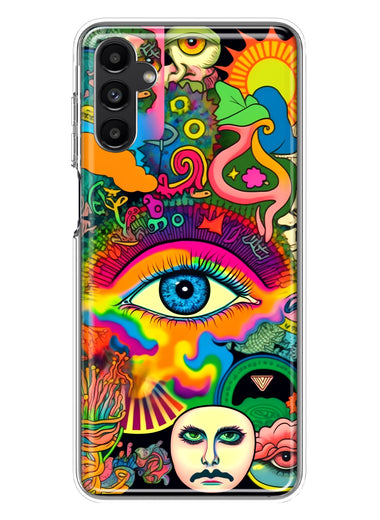 Samsung Galaxy A14 Neon Rainbow Psychedelic Trippy Hippie Multiple Eyes Hybrid Protective Phone Case Cover