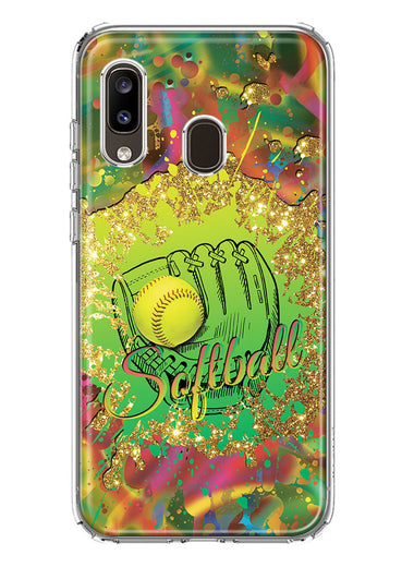 Samsung Galaxy A20 Love Softball Girls Glove Green Tie Dye Swirl Paint Hybrid Protective Phone Case Cover