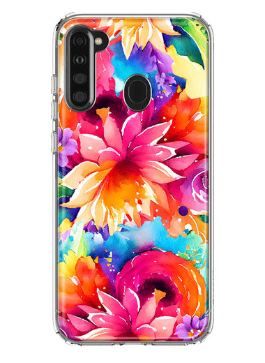 Samsung Galaxy A21 Watercolor Paint Summer Rainbow Flowers Bouquet Bloom Floral Hybrid Protective Phone Case Cover