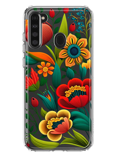 Samsung Galaxy A21 Colorful Red Orange Folk Style Floral Vibrant Spring Flowers Hybrid Protective Phone Case Cover