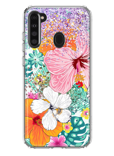 Samsung Galaxy A21 Hawaiian Vibes Hibiscus Flowers Monstera Vacation Summer Hybrid Protective Phone Case Cover