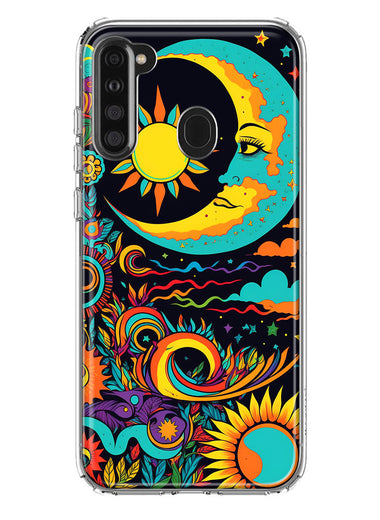 Samsung Galaxy A21 Neon Rainbow Psychedelic Indie Hippie Indie Moon Hybrid Protective Phone Case Cover