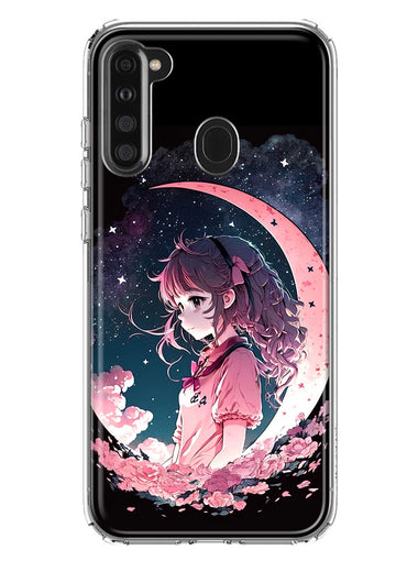 Samsung Galaxy A21 Kawaii Manga Pink Cherry Blossom Dreaming Moon Girl Hybrid Protective Phone Case Cover