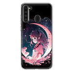 Samsung Galaxy A21 Kawaii Manga Pink Cherry Blossom Dreaming Moon Girl Hybrid Protective Phone Case Cover