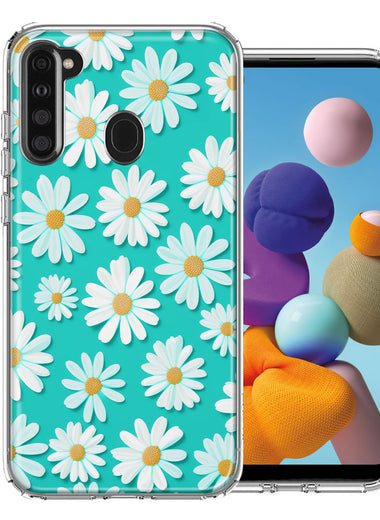 Samsung Galaxy A21 Turquoise Teal White Daisies Cute Daisy Polka Dots Double Layer Phone Case Cover