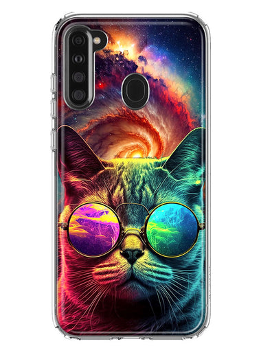 Samsung Galaxy A21 Neon Rainbow Galaxy Cat Hybrid Protective Phone Case Cover