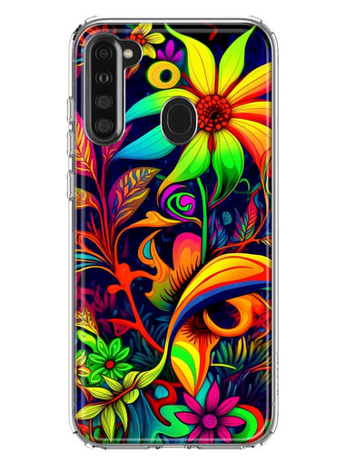 Samsung Galaxy A21 Neon Rainbow Psychedelic Trippy Hippie Daisy Flowers Hybrid Protective Phone Case Cover