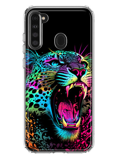 Samsung Galaxy A21 Neon Rainbow Glow Colorful Leopard Hybrid Protective Phone Case Cover